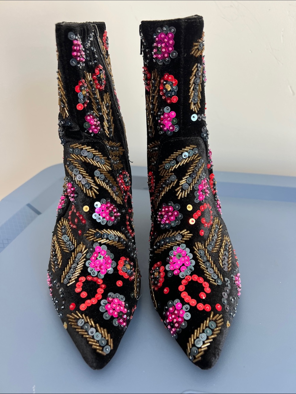 Loeffler Randall isla black velvet multicolored sequins heeled pointed toe boots - Picture 4 of 13